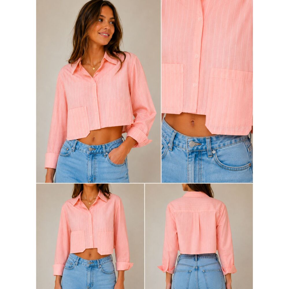 Freshman 1996 Coral Pink Striped Cropped Button Down Shirt M NWT